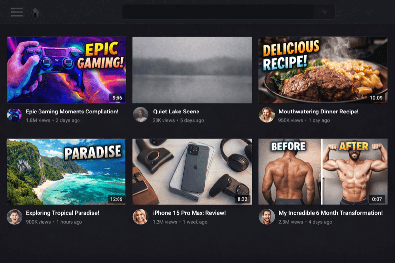 YouTube feed where a dull thumbnail gets lost among vibrant ones
