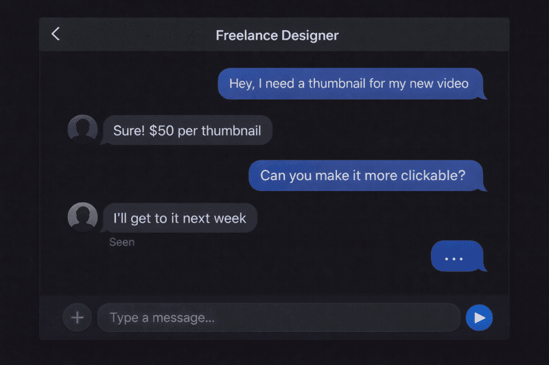 Chat conversation with a freelancer about thumbnail revisions costing $50 each